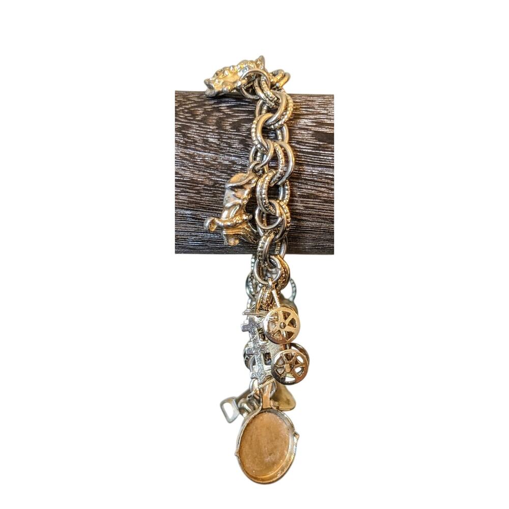 1930 Vintage Silver Plated Western Cowboy 3D Charm Bracelet W/ Foldover Clasp